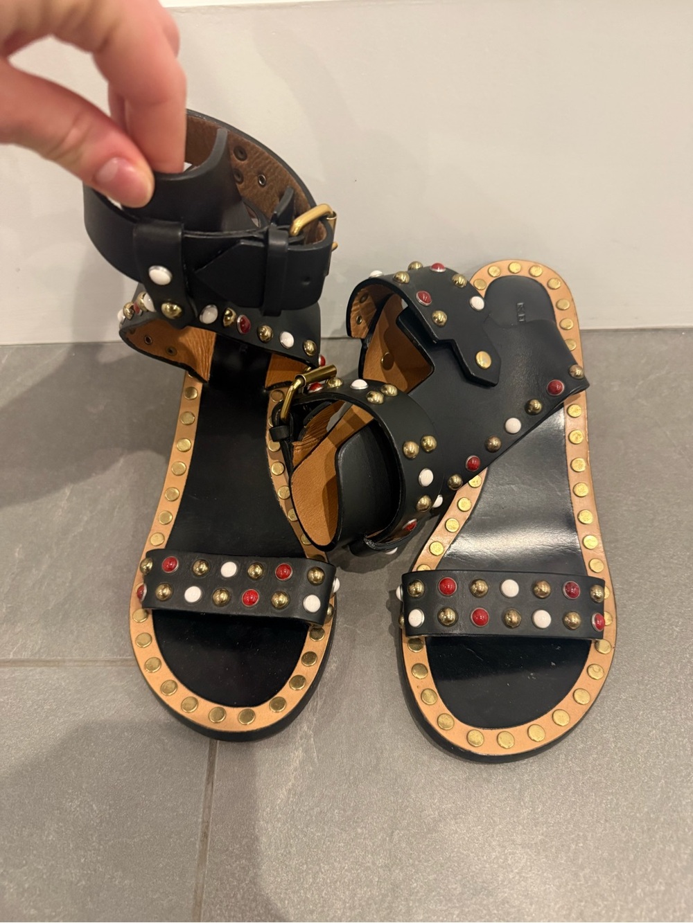 Isabel Marant Black Leather Studded Ankle-Strap Sandals